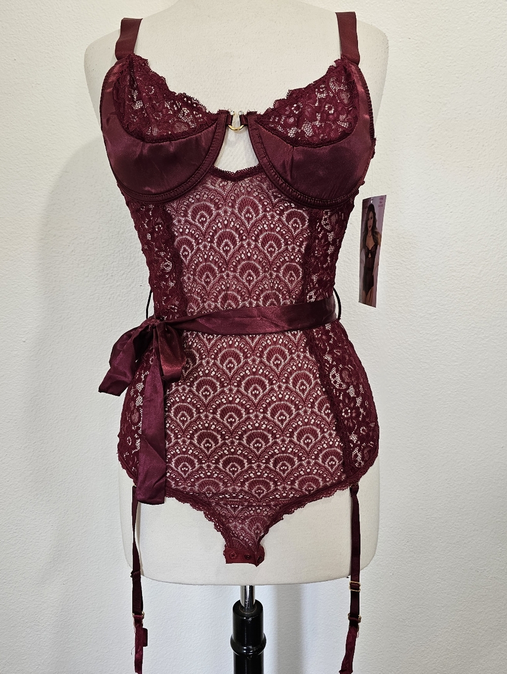 Lace Bustier Bodysuit with Satin Waist Tie - Burgundy